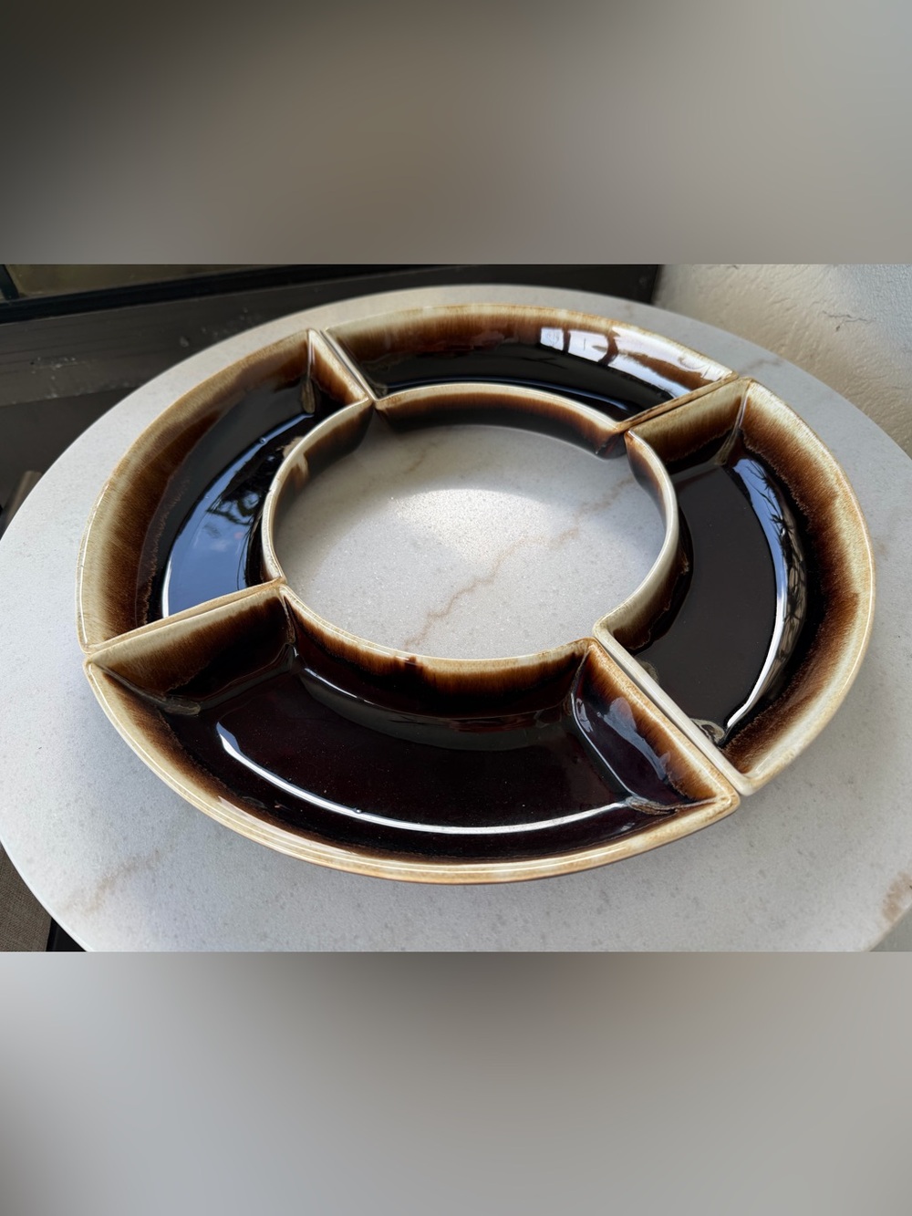 A set of 4 vintage Pfaltzgraff Brown Drip glaze ceramic serving dishes.